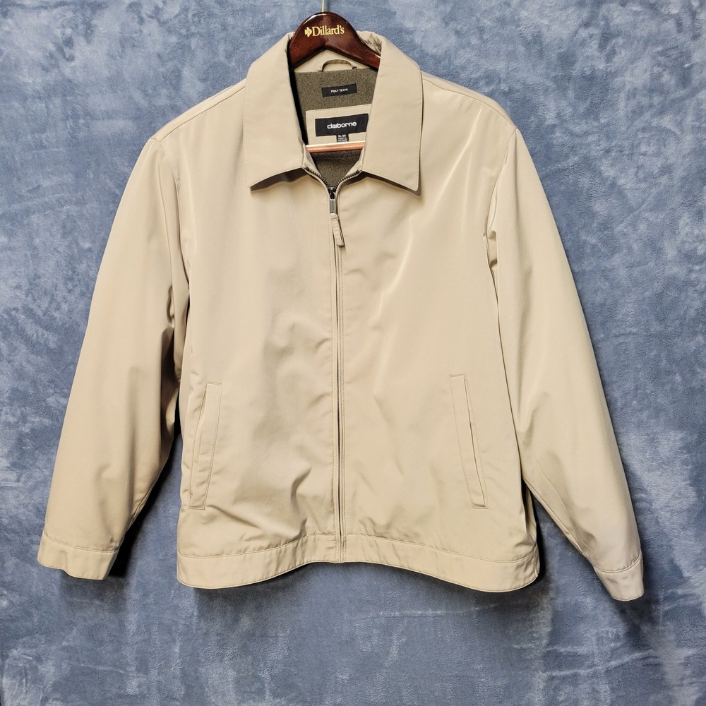 Claiborne Poly Tech Bomber Jacket Beige XL Zip Front Full Zip‎ Lightweight  Mens